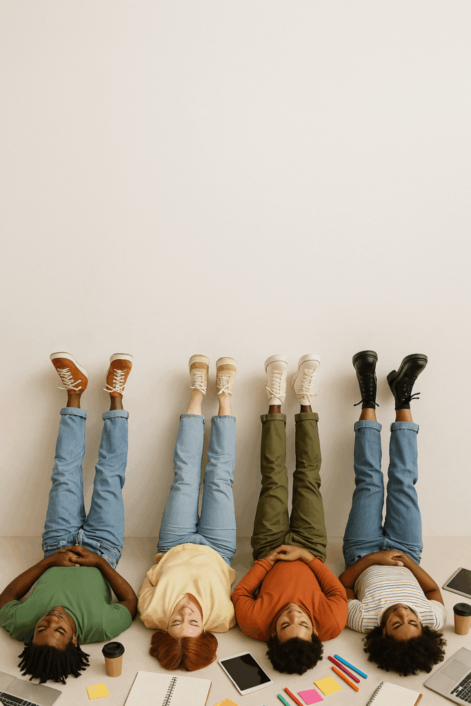 Vier Menschen liegen auf dem Boden, entspannt die Füße an der Wand.