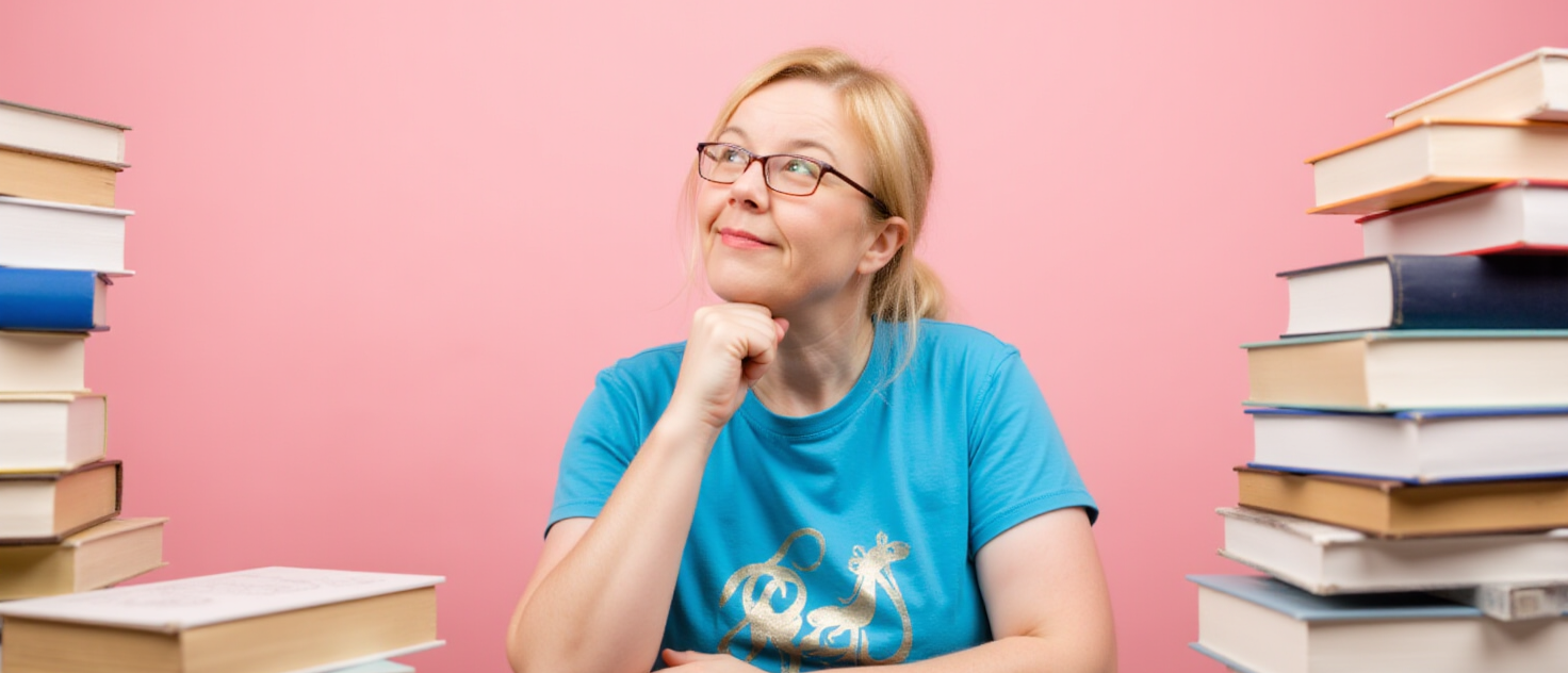 Claudia sitzt zwischen zwei hohen Buecherstapeln