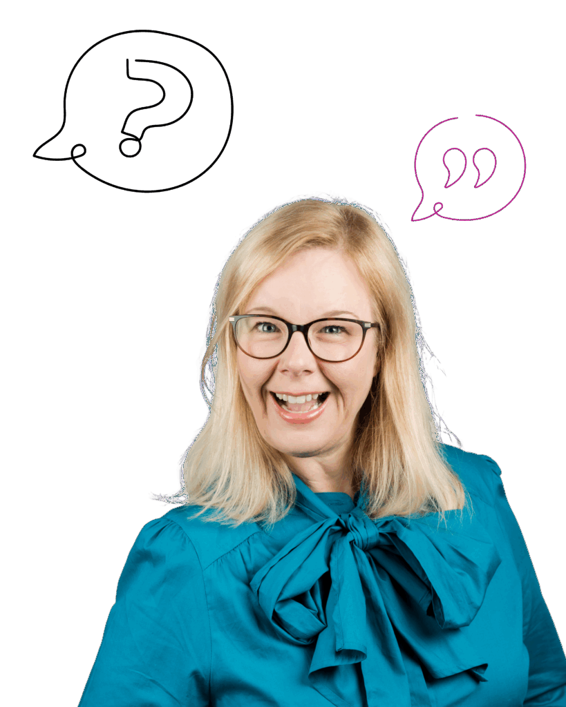 Claudia schaut in die Kamera. Über ihrem Kopf schwebt ein Fragezeichen und ein Anführungszeichen jeweils in einer Textblase.